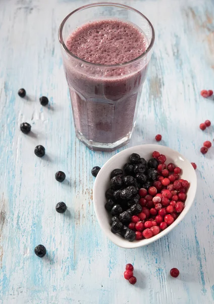 Berry Smoothie Almond Milk Cranberries Aronia Black Currants Glass Wooden — Stock Photo, Image