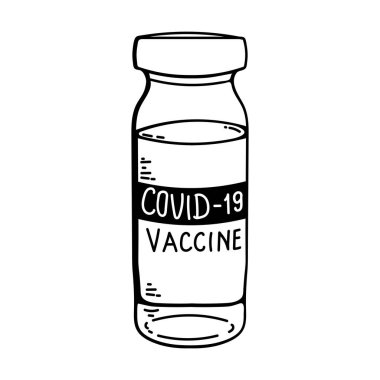 Covid-19 koronavirüs aşısı. Aşı şişesi karalama ikonu. Coronavirus covid-19 tedavisi. İzole vektör illüstrasyonu