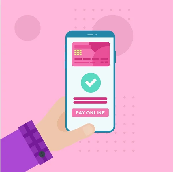 Card Design Concept ile ödemeyi İşadamı Hand Holding a Smart phone with Çevrimiçi Ödeme on Screen, Button, Manşet ve Text Place ile yapın. Web afişi, Kahraman resimleri. Düz Vektör illüstrasyonu