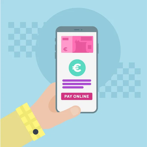 Card Design Concept ile ödemeyi İşadamı Hand Holding a Smart phone with Çevrimiçi Ödeme on Screen, Button, Manşet ve Text Place ile yapın. Web afişi, Kahraman resimleri. Düz Vektör illüstrasyonu