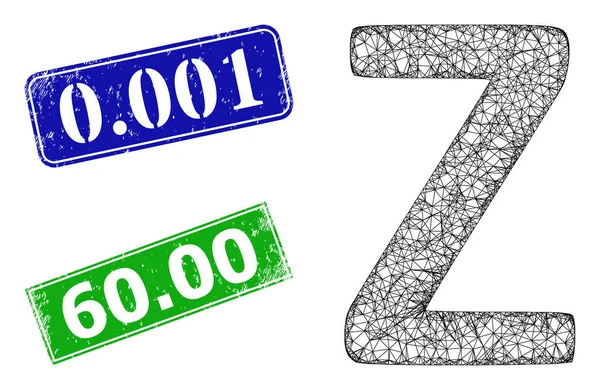 Sigilli con francobolli 0.001 graffiati e icona con simbolo greco Zeta a rete triangolare — Vettoriale Stock