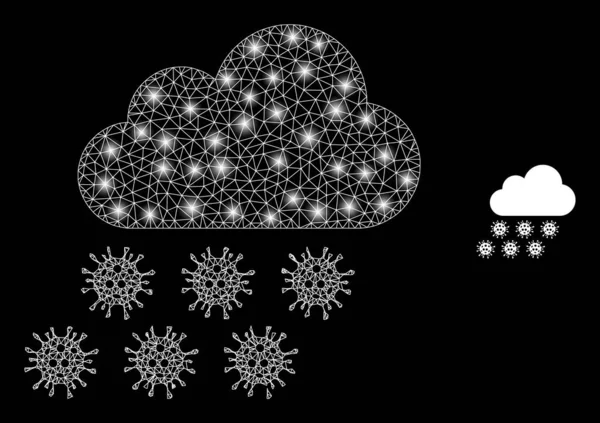 Nube de lluvia de virus de malla de marco de alambre poligonal con manchas de deslumbramiento — Vector de stock