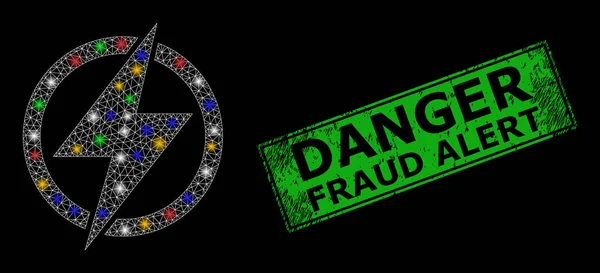 Grunge Gevaar Fraude Alert Stempel met Net Electricity Generation Glare Icon met veelkleurige fakkels — Stockvector