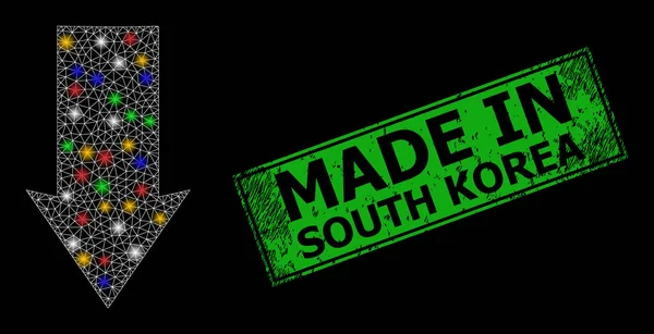 Scratched Made in South Korea Seal com Net Down Direction Glare Icon com vários pontos coloridos de brilho —  Vetores de Stock