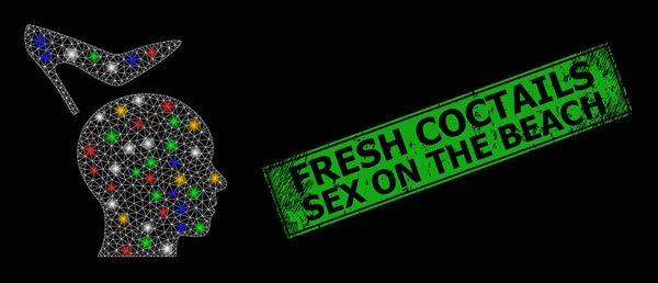 Grunge Coctails frais Sexe sur la plage Timbre avec Mesh Domination féminine Glare Icône avec des taches lumineuses colorées — Image vectorielle