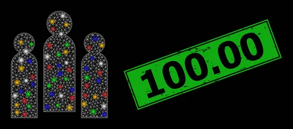 Guma 100.00 Odznaka z ikoną Network Crowd Constellation z kolorowymi plamami świetlnymi — Wektor stockowy