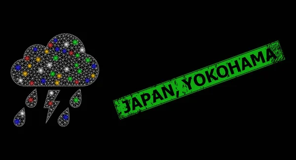 Borracha Japão, Yokohama selo com malha trovão nuvem constelação ícone com multicolorido flash nós — Vetor de Stock