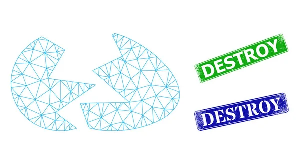 Sceaux de destruction rayés et icône de coquille d'oeuf brisée en maille polygonale — Image vectorielle