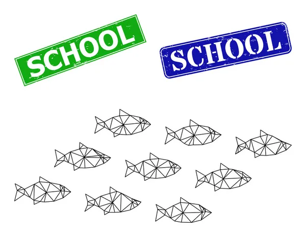 Grunged School Stamp Seals and Triangle Mesh School of Fish Icon — 图库矢量图片