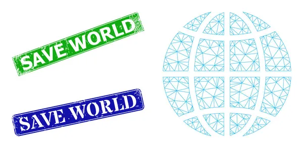 Scratched Save World Seals and Triangular Mesh Earth Globe Icon — Stock Vector