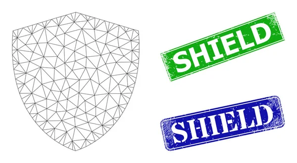 Selos Grunged Shield Stamp e Ícone Polygonal Mesh Shield — Vetor de Stock