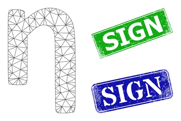 Grunge Sign Seals and Triangle Mesh Eta Greek Lowercase Symbool Pictogram — Stockvector