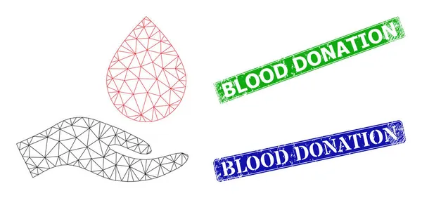Segel Stempel Donasi Darah Tergores dan Ikon Donasi Darah Mesh Poligonal - Stok Vektor