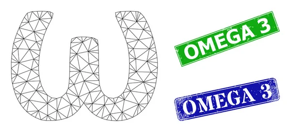 Grunged Omega 3 jelvények és háromszög háló Omega görög kispad szimbólum ikon — Stock Vector