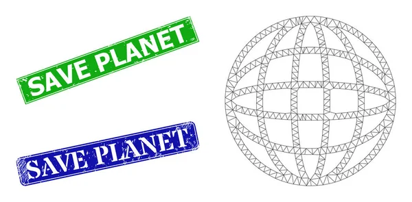 Distress Save Planet Sellos de sello y Esfera de malla de triángulo Icono — Archivo Imágenes Vectoriales