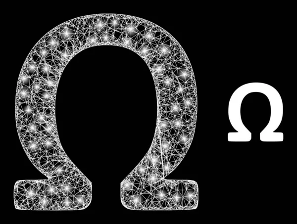 Symbole grec d'Omega de maille de carcasse polygonale avec des taches de lumière — Image vectorielle