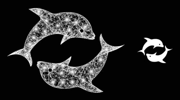 Par de delfines de malla de canal poligonal con manchas de luz — Vector de stock