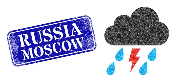 Distress Russia Moscow Stamp Seal and Thunder Storm Cloud Polygonal Icon — Stock Vector