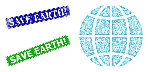 Grunged Salva la Terra avvisa Francobolli e Icona del globo terrestre a maglie triangolari — Vettoriale Stock