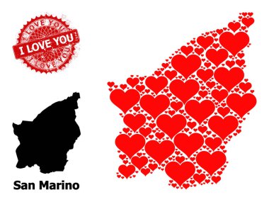 Kazınmış I Love You Roge ve San Marino Harita Kolajı Aşk Kalbi Simgeleri