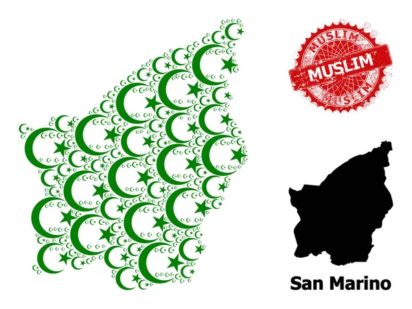 撕碎的穆斯林印章和圣马力诺的穆斯林月球图标地图拼贴 — 图库矢量图片