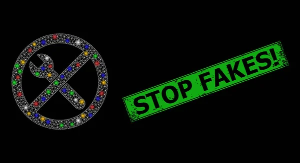 Grunge Stop Fakes Sello con Red Prohibida Reparación Icono de deslumbramiento con manchas de deslumbramiento multicolor — Vector de stock