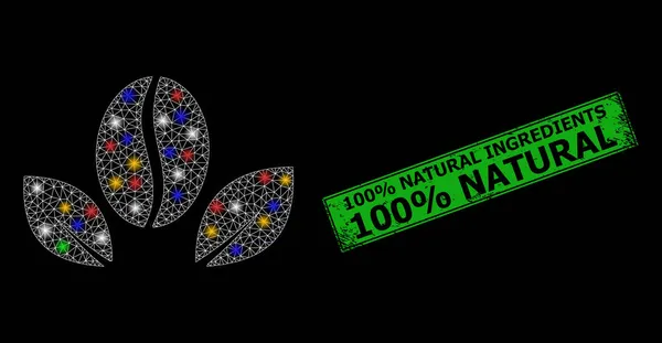 Texturierte 100% Rabatt Natürliche Zutaten Stempelsiegel mit Netto Natural Coffee Constellation Icon mit mehrfarbigen Glitter Dots — Stockvektor
