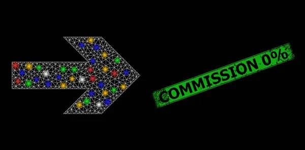 Scratched Komisja 0 Zniżka Pieczęć z prawej ikony strzałek w sieci z kolorowe plamy światła — Wektor stockowy