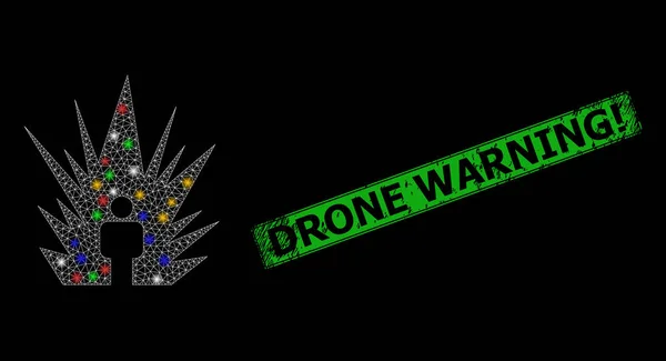 Insigne d'avertissement de drone grunge avec icône électrique d'éblouissement de coup de réseau avec des taches lumineuses colorées — Image vectorielle