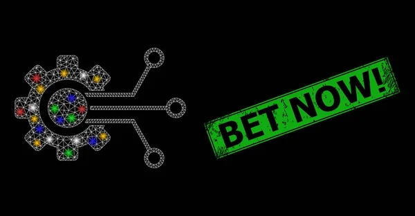 Grunge Bet maintenant Badge avec Mesh Gear Sensor Constellation Icône avec des taches de lumière colorées — Image vectorielle