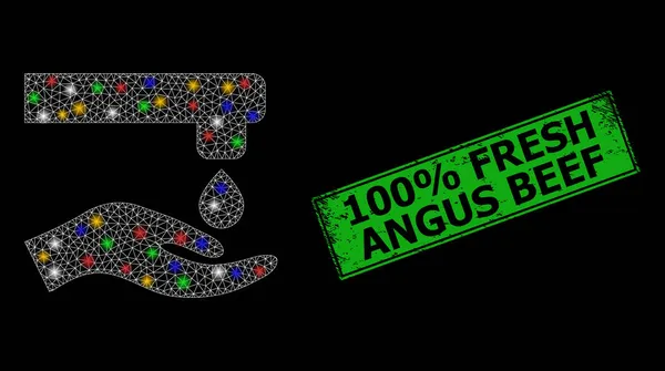 Texturierte 100% Rabatt Frisches Angus Beef Stempelsiegel mit Net Water Thrift Hand Constellation Icon mit bunten Lichtpunkten — Stockvektor