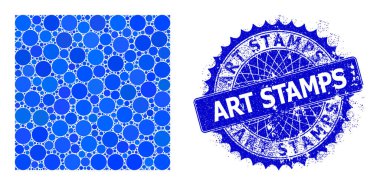 Noktalar ve desenli sanat pullarından oluşan vektör dolu kare kolajı