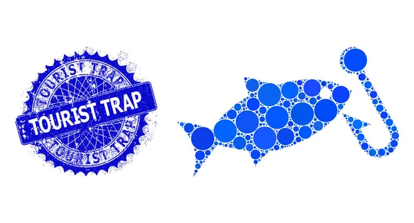 Colagem de gancho de pesca vetorial de pequenos círculos com selo de armadilha turística riscada — Vetor de Stock