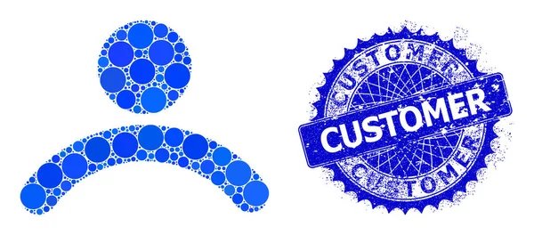 Vetor cliente mosaico de pequenos círculos com distintivo de cliente de angústia — Vetor de Stock
