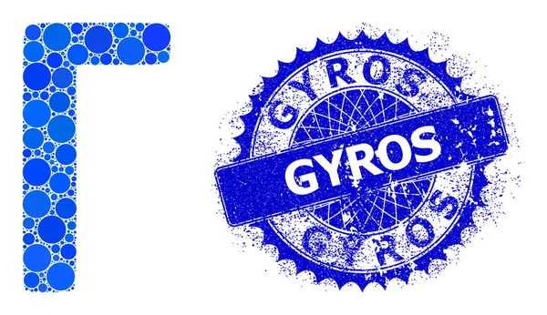 Gamma vettoriale greco Simbolo Collage di punti e strutturato Gyros Seal — Vettoriale Stock
