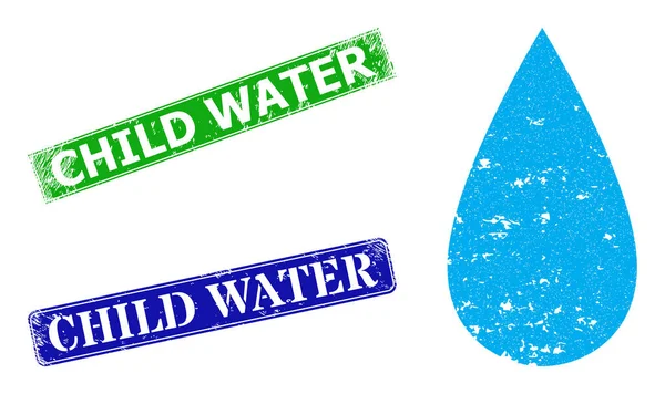 Текстурированная икона капли воды и нагрудный знак "Детская вода" — стоковый вектор