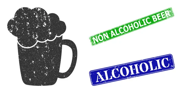 Icône de détresse en mousse de verre de bière et joint de timbre de bière non alcoolisé de détresse — Image vectorielle