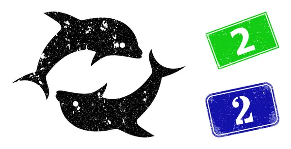 Dolphin Pair Grunge Icon and Grunge 2 Badge — Stock Vector