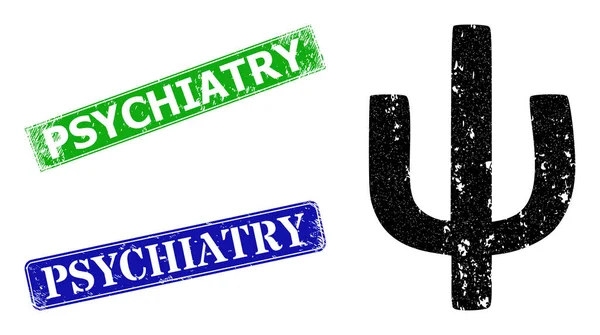 Psi希腊语小写字母符号Scratched Icon和Scratched Psychiatry Badge — 图库矢量图片