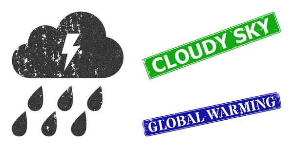 Thunder Cloud Grunge Icon and Grunge Cloudy Sky Seal — Stockový vektor
