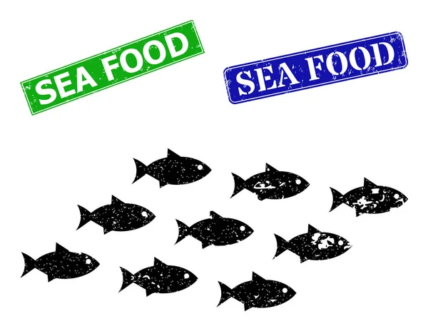 School of Fish Grunge Icon och Grunge Sea Food Stamp Seal — Stock vektor