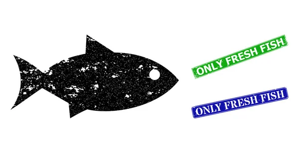 Fisk Distress ikonen och nöd endast färsk fisk frimärke imitation — Stock vektor