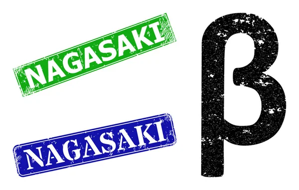 Ícone de Grunge de Símbolo Menor Grego Beta e Selo de Selo de Selo de Nagasaki Grunge — Vetor de Stock