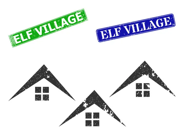 Dorp Getextureerde Pictogram en Getextureerde Elf Village Seal — Stockvector