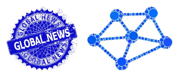 Vector Net Links Mosaico de pequenos círculos e texturizado Global News Badge — Vetor de Stock