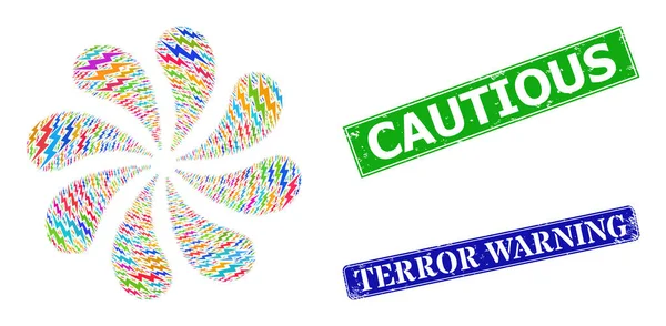 Insignes prudents de détresse et icône de boulon électrique Multi couleur centrifuge Bang — Image vectorielle
