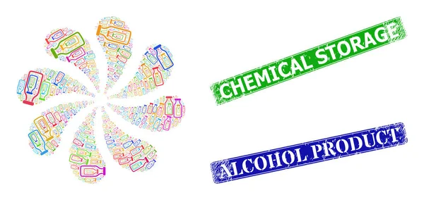 Ελαστικά Σφραγίδες αποθήκευσης χημικών και άδειο μπουκάλι Φωτεινό Φυγοκεντρικό Πυροτεχνήματα — Διανυσματικό Αρχείο