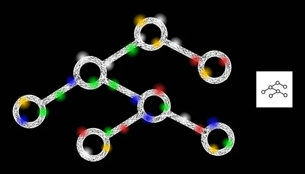 Ícone de árvore binária de malha cruzada com pontos de brilho coloridos brilhantes — Vetor de Stock
