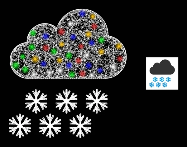 Icono de nube de nieve de malla eclosionada con manchas de deslumbramiento de colores — Vector de stock