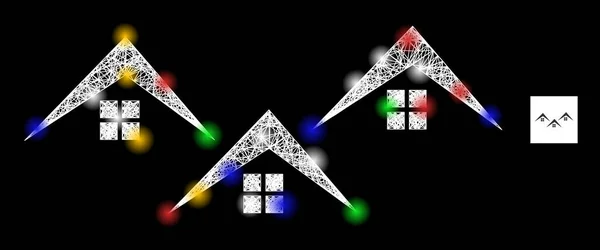Ícone de rede Web Mesh Village com pontos de brilho coloridos — Vetor de Stock